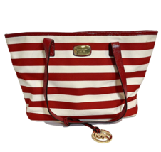 Michael Kors Women&#39;s Canvas Fulton Tote Bag Red/White Striped - $47.49