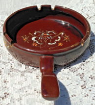 Vintage 7&quot; Ashtray W/Handle  Brown Ceramic Handpainted Floral Pottery Terracotta - £33.11 GBP