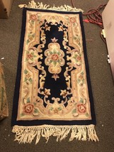 Handmade Vintage Carved Chinese Small Wool Area Rug 24” X 46” Fringe Royal Blue - £193.82 GBP