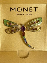 Monet Dragonfly Brooch Pin 2” Blue Amber Green Rhinestones Enamel Signed Vintage - $18.07