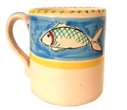 Pottery Barn Lamas Italy Mug White &amp; Blue w/Fish Motif 4&quot;H 12 oz Orig. Sticker - £8.46 GBP