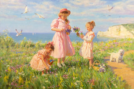 Girls on a coastal path pick flower paintings Giclee Art Print  - $9.49+