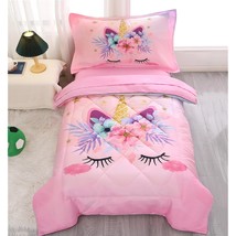 4 Piece Unicorn Toddler Bedding Sets For Girls Pink Floral Cartoon Bed Sheets To - £48.75 GBP