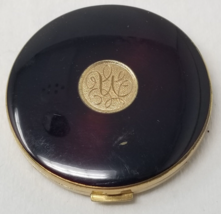 Gold Monogram Enamel Compact Steel Round Black 1960s - $14.20