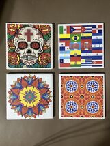 4 Mexican Themed Spanish Ceramic Tiles Sugar Skull Coasters Flags - $257.23 MXN