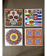 4 Mexican Themed Spanish Ceramic Tiles Sugar Skull Coasters Flags - $257.23 MXN