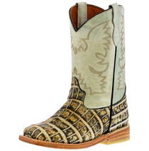 Kids Unisex Leather Cowboy Boots Alligator Print Natural Square Size 1, 10, 13 - £42.54 GBP