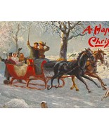 Joyful Riders in a Two Horse Open Sleigh Antique Tuck Christmas Postcard - £6.81 GBP