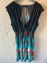 Tribal Boho Beach Dress Blue Brown, Sleeveless Size 12, Lila, Mini Dress... - $13.62