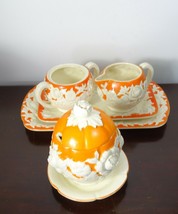 Antique Morimura Japan Orange White Flower Creamer Sugar Bowl Tray Relish Pot - £106.58 GBP