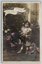 RPPC Sweet Little Girl with Roses Tinted Photo Bonne Fete Postcard H25 - £4.68 GBP