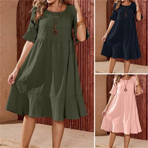 Women&#39;s Midi Dress,Loose Casual Short-sleeved Dress,Boho Cotton and Line... - £28.15 GBP