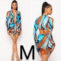 Sexy Deep V-Cut Wavy Print Long Sleeve Cut Out Bodycon Dress~Size M - £23.24 GBP