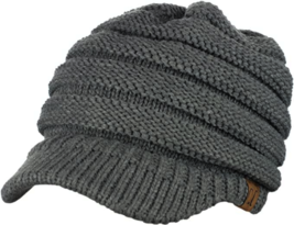 C.C Brand Brim Visor Trim Ponytail Beanie Ski Hat Knitted Bun Cap - Dark Gray - £12.35 GBP
