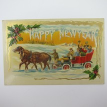 Postcard New Year&#39;s Horses Pull Buggy Car People Through Snow Embossed A... - $24.99