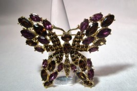 Vintage Signed Purple Rhinestone Monet Gold Tone Butterfly Brooch Pin K1136 - £37.88 GBP