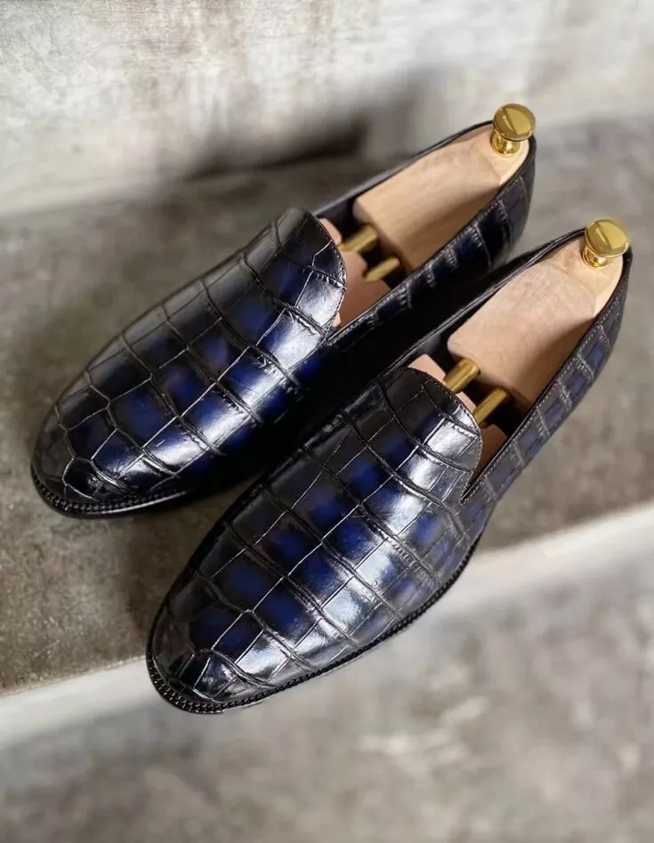 Handmade Shaded Blue Crocodile Textured Leather Formal Moccasin Shoes Fo... - $149.99+