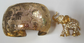 Vintage Gold-tone Rhinestone Elephant Brooch &amp; Gold-tone Elephant Cuff Bracelet - $24.26