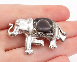 925 Sterling Silver - Vintage Black Onyx &amp; Marcasite Elephant Brooch Pin- BP2445 - £33.98 GBP