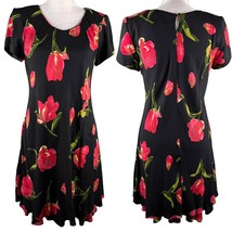 Vintage Hampton Dress Co Dress 8 Midi Black Red Tulips    - £27.59 GBP