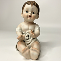 Piano Baby Boy Sitter Figurine 4.5 in VTG Porcelain Seated Brown Hair Blue Eyes - £13.88 GBP