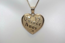 14K Yellow Gold &quot;15 Quince Años&quot; Heart Charm Pendant Sweet 15 Medallion 2.4 Grm - £134.94 GBP