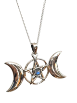Triple Moon Necklace Moonstone Pentacle Goddess 925 Silver &amp; 18&quot; Chain Boxed - £34.66 GBP