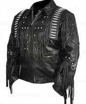 New Men&#39;s Western Handmade Cowboy Fringes Bone Motorbike Leather Jacket-1024 - £159.86 GBP
