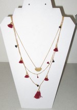 Triple Strand Tassel Necklace by Madewell Gold Chain Red &amp; Black Tassels NICE! - £11.86 GBP