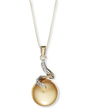 14k Gold Necklace Cultured Golden South Sea Pearl 12mm &amp; Diamond Accent Pendant - £958.24 GBP