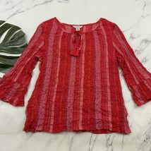 Tommy Bahama Womens Gauzy Blouse Top Size L Red Pink Stripe Tassels Crinkle - £23.08 GBP