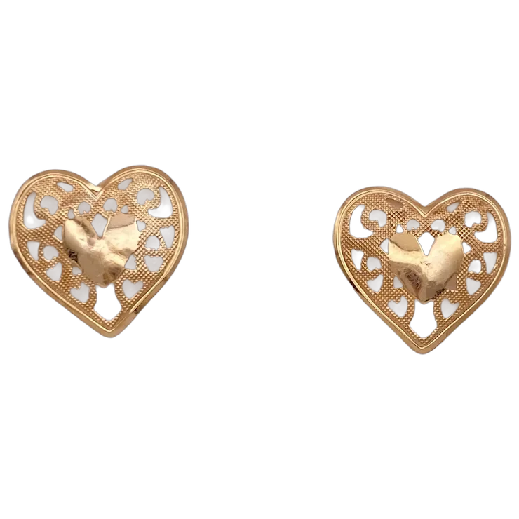 Filigree Detail Heart Stud Earrings 14K Gold - $2,627.41 MXN