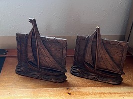 Vintage Pair of Faux Wood Sailing Ship on Waves Nautical Book Ends Booke... - $14.89