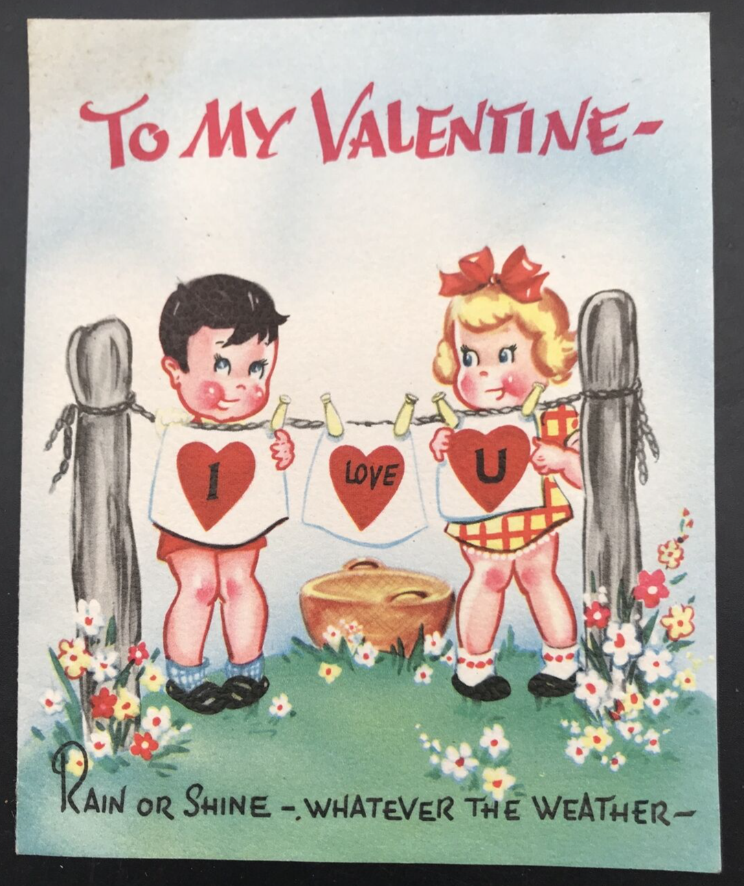 Primary image for VTG c1920s RRH To My Valentine Boy & Girl at Clothesline I Love U Greeting Card