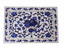 Indian White Makrana Marble Serving Tray Lapis Lazuli Inlay Marquetry Decor Gift - £1,029.57 GBP