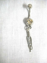 EAGLE FEATHER ENGRAVED SPINE CHARM STERLING SILVER14g BELLY BAR NAVEL RING - $13.99