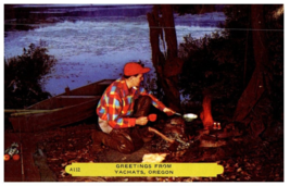 Man Cooking His Catch Over Campfire Yachats Oregon Fishing Postcard - £5.49 GBP