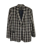 VTG 80s Requirements Linen Black Ivory Plaid Blazer Jacket Sz 14 Dark Ac... - $34.19 CAD
