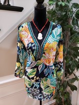 Melissa Paige Womens Multicolor Floral Polyester V Neck Long Sleeve Top Blouse L - £19.55 GBP