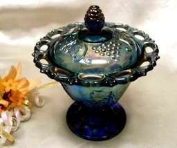 1648 Vintage Indiana Glass Blue Carnival Harvest Candy Dish N Lid - £20.03 GBP