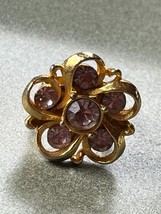 Vintage Large Goldtone &amp; Pink Rhinestone Flower Adjustable Ring Currently Size - £6.14 GBP