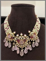 VeroniQ Trends-92.5 Silver Moissanite Polki Necklace With Rose Quartz Beads - $775.00