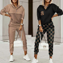New Fashion Women Plaid Print Zipper Front Hooded Top &amp; Pants Set Two Pi... - £54.12 GBP+