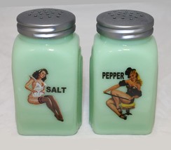 Jadeite Green Glass Pinup Girls Salt and Pepper Shakers Jade Art Deco Arch Retro - £12.59 GBP