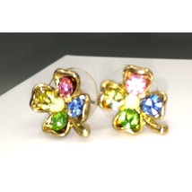 Summery Pastel Clover Stud Earrings, Spring Colored Crystals on Gold Tone Floral - £20.11 GBP