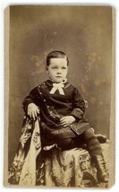 Antique CDV Circa 1870s Adorable Little Boy Sitting in Black suit &amp; Boots - £7.57 GBP