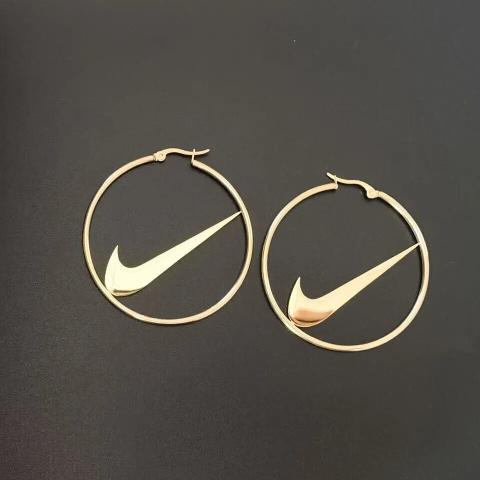Primary image for Nike Swoosh Gold - Plated Metal Hoops Clasp Earrings, Pair, For Women Hoop