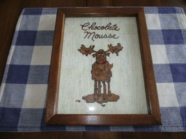 WHIMSICAL Wood Framed CHOCOLATE MOUSSE Cross Stitch WALL HANGING - 8&quot; x 10&quot; - $14.00