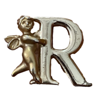 Luca Razza Gold Tone Angel Holding Letter R Brooch Pin Vintage - £8.21 GBP