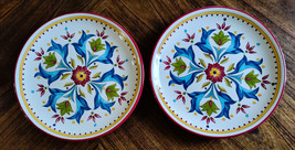 Set of 2 Bobby Flay &quot;Sevilla&quot; 8&quot; Salad/Dessert Colorful Plates with Red Trim-Ex - £12.01 GBP